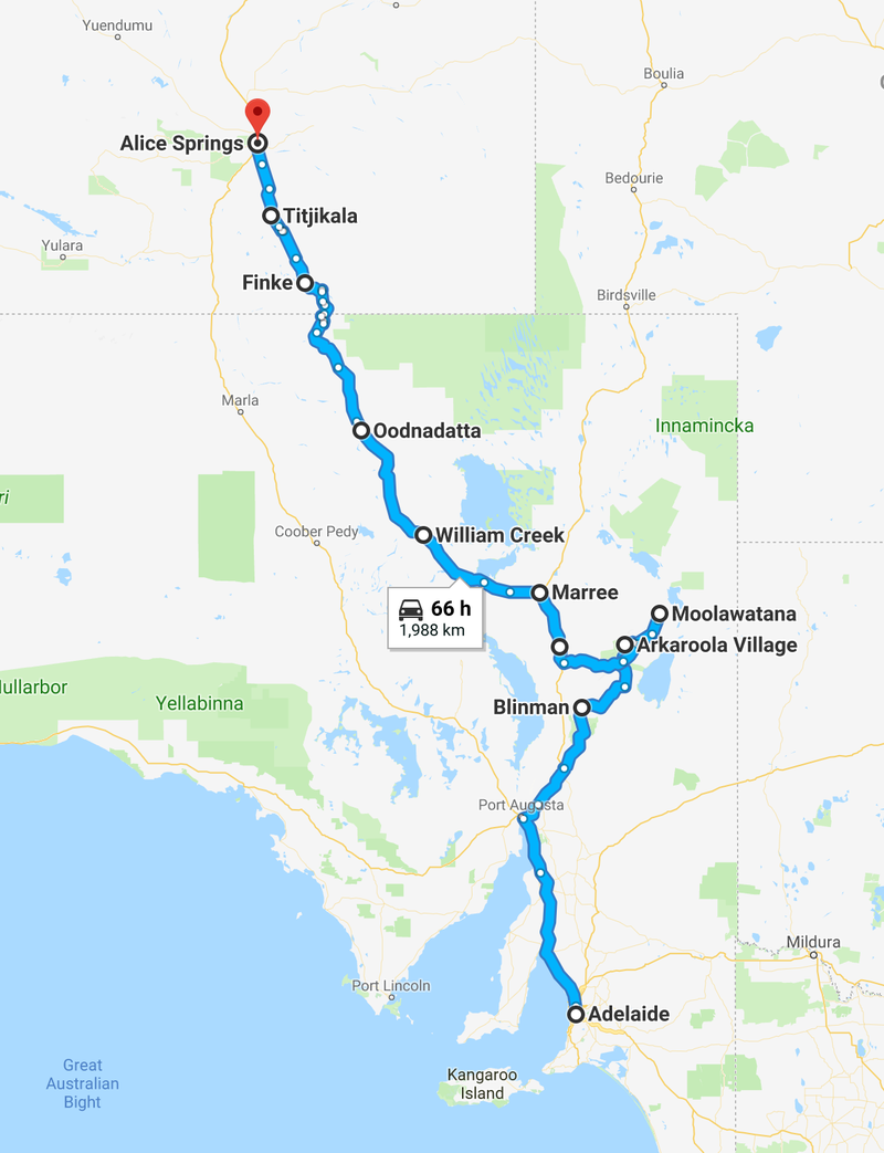 This is as good as I could get Google to plot the route. Of course sometimes it wants to take me back to a more main road. We will take a more direct route between Moolawatana and Maree.